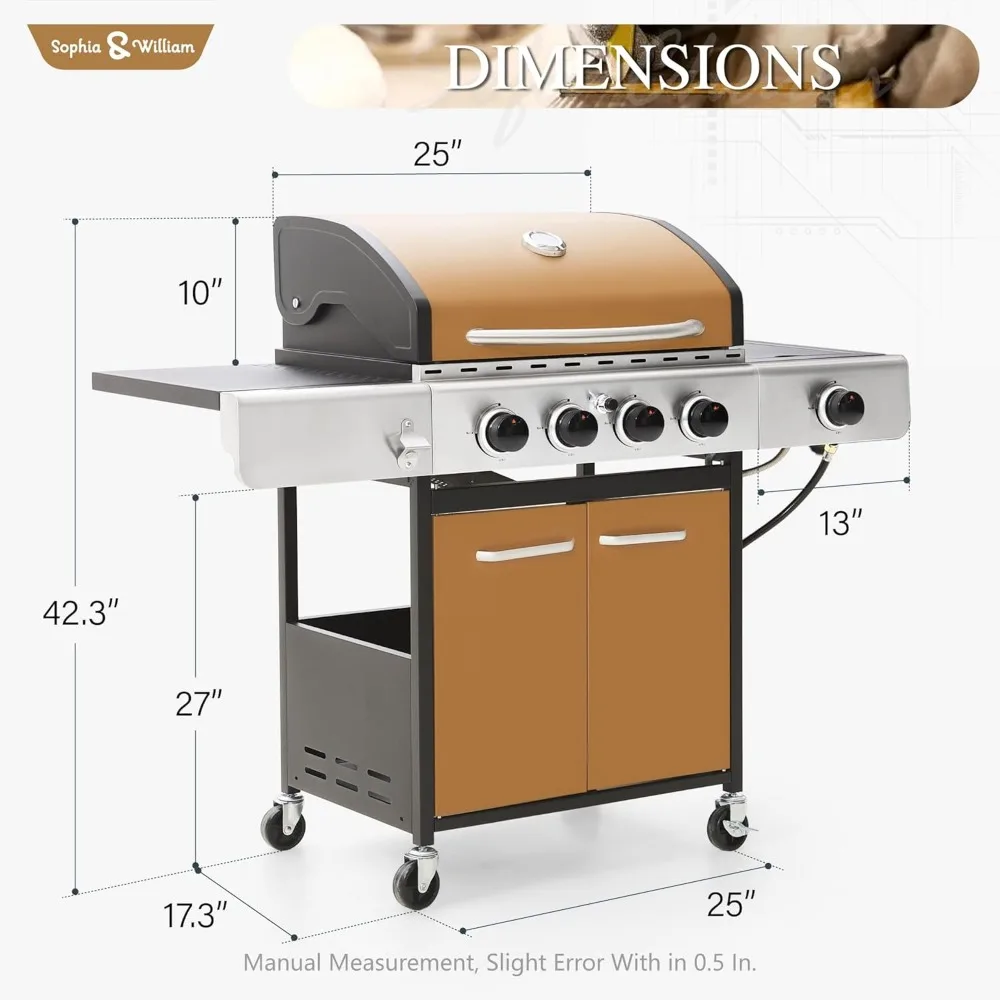 Burner Gas BBQ Grill with Side Burner and Porcelain-Enameled Cast Iron Grates, Propane Grills Outdoor Cooking Barbecue 6