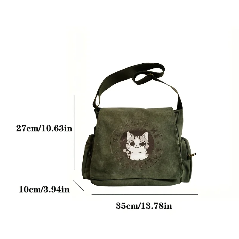 Cute Cat Print Army Green Canvas Crossbody Messenger Bag Large Capacity Multiple Pockets Go To School Book Bag