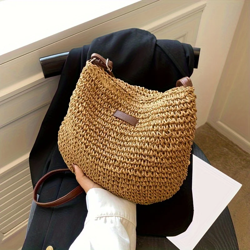 Summer Rattan Crossbody Bags for Women Saddle Straw Woven Shoulder Bag, Handmade Knitted Lady Small Handbags, Vacation Beach Bag