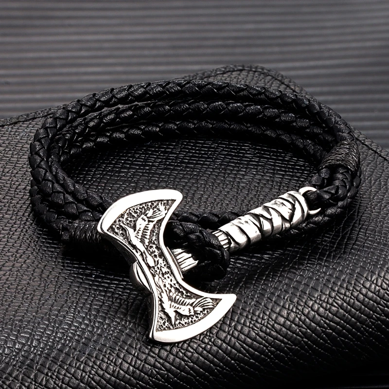 Mkendn Punk Uomo Viking Raven Battle Axe Bracciale In Pelle Multistrato Acciaio Inossidabile Ossidato Guerriero Nero Doppia Ascia Gioielli