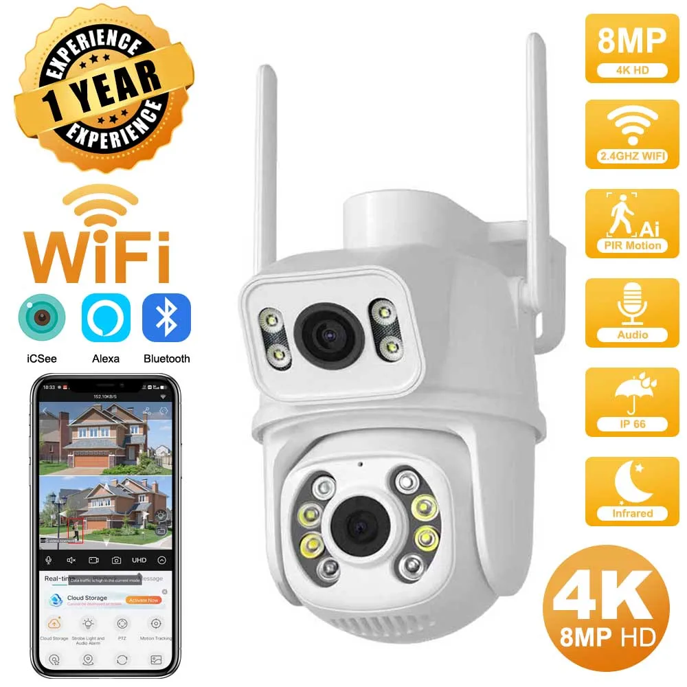 4K 8MP HD Dual Objektiv Outdoor Wireless Sicherheit IP Kamera Externe Wifi PTZ Kamera Auto Tracking Straße Überwachung Kamera iCsee