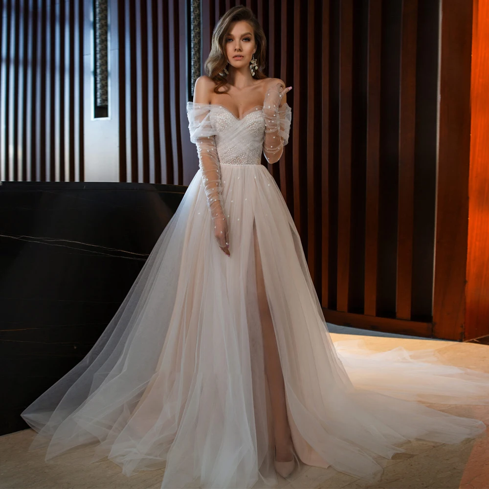 

Soft Tulle Bohemian Wedding Dress Women's Elegant Sweetheart Long Sleeve Pearl Bridal Gownes Beach Wedding Party Side Split Robe