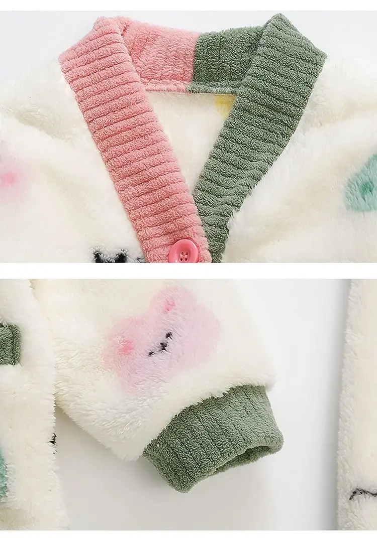 어린이 플란넬 잠옷, 여아 플러스 플리스 가디건, 따뜻한 산호 플리스, 가정 세트 세트, 가을 및 겨울