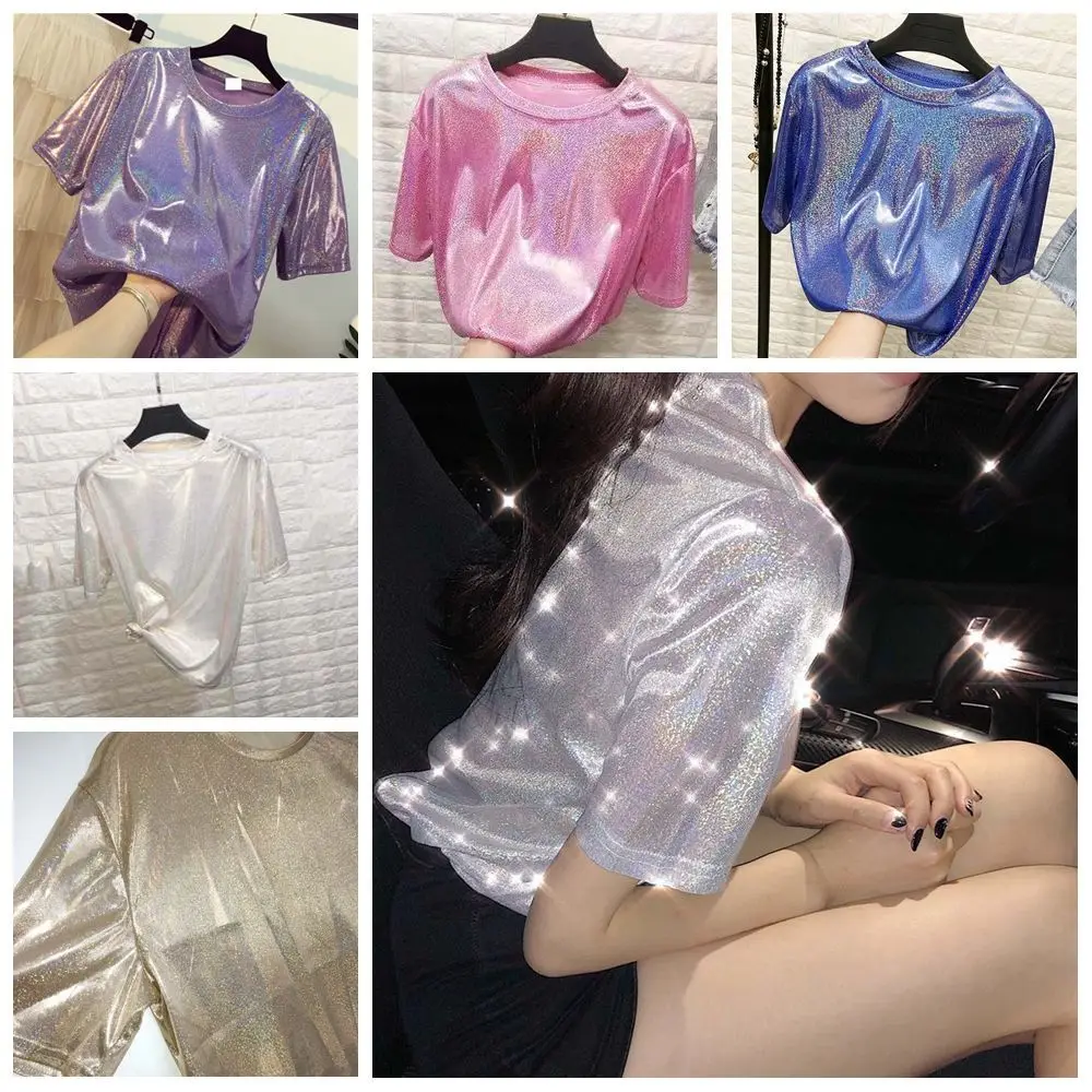 Sweet Vintage Fashion Silk Top Purple Pink Ladies Shiny Loose T-shirt Sequins Aesthetic Harajuku Short Sleeved Party
