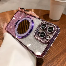 Luxurious Rhinestone Transparent Glitter Magnetic Protective Phone Case - iPhone 15 Plus (PURPLE)