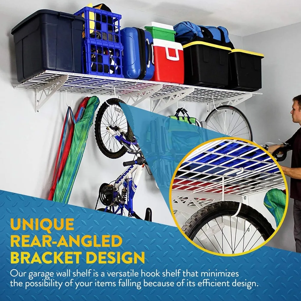 Garage Wall Shelf Two-Pack White or Hammertone | Three Size Options | Includes Bike Hooks | 500lb Weight Capacity 4