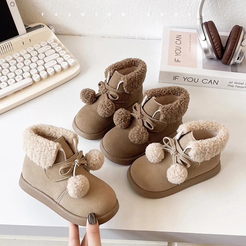 Leather Kids Boots with Plush Ball for Girls Autumn Winter