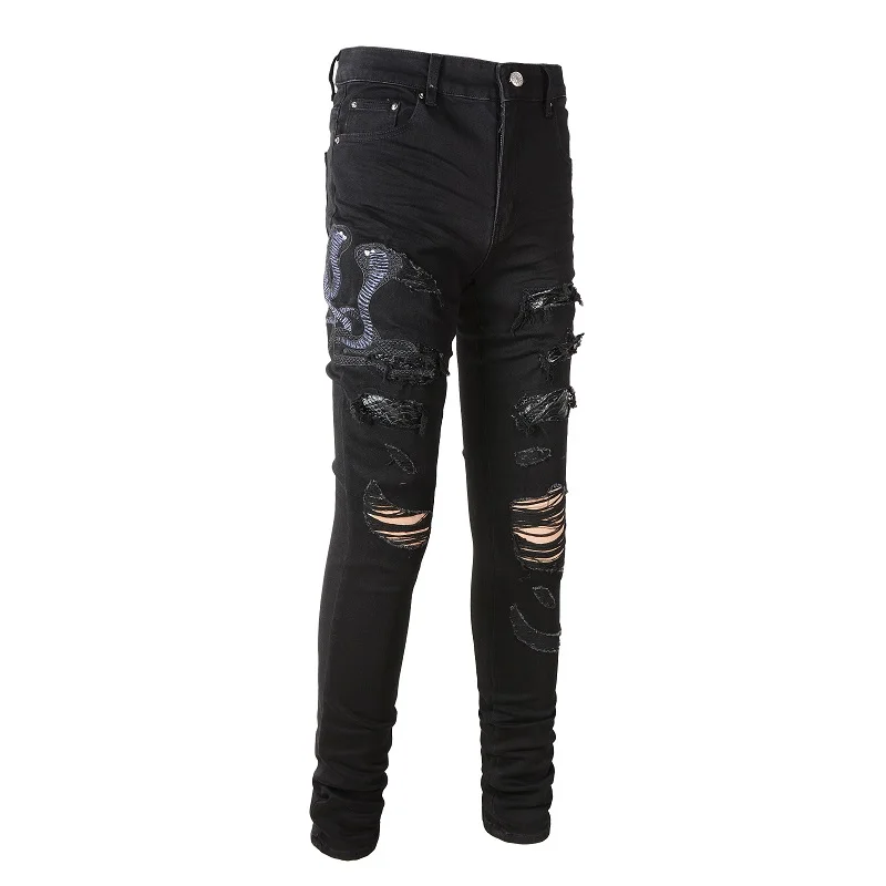 Men Snake Embroidery Jeans Skinny Tapered Stretch Denim Pants Streetwear Holes Ripped Leather Patch Patchwork Trousers Black 3