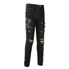 Men Snake Embroidery Jeans Skinny Tapered Stretch Denim Pants Streetwear Holes Ripped Leather Patch Patchwork Trousers Black 3