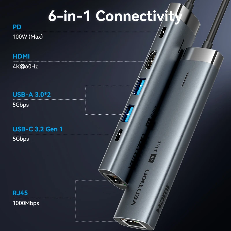 Vention USB-C-Hub Typ C auf HDMI 4K60Hz RJ45 PD 100W Adapter für MacBook, iPad Pro, Air, M2, M1, Samsung PC-Zubehör, USB 3.0 Hub_voghion.com