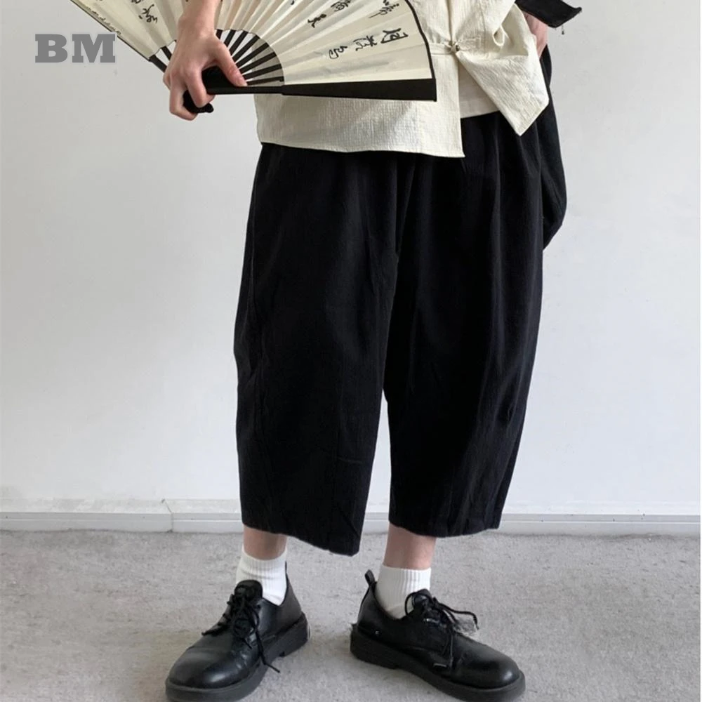 

Summer Japanese Vintage Casual Capri Pants For Men Women Clothing Harajuku Thin Cotton Linen Oversize Black Harem Pants Male