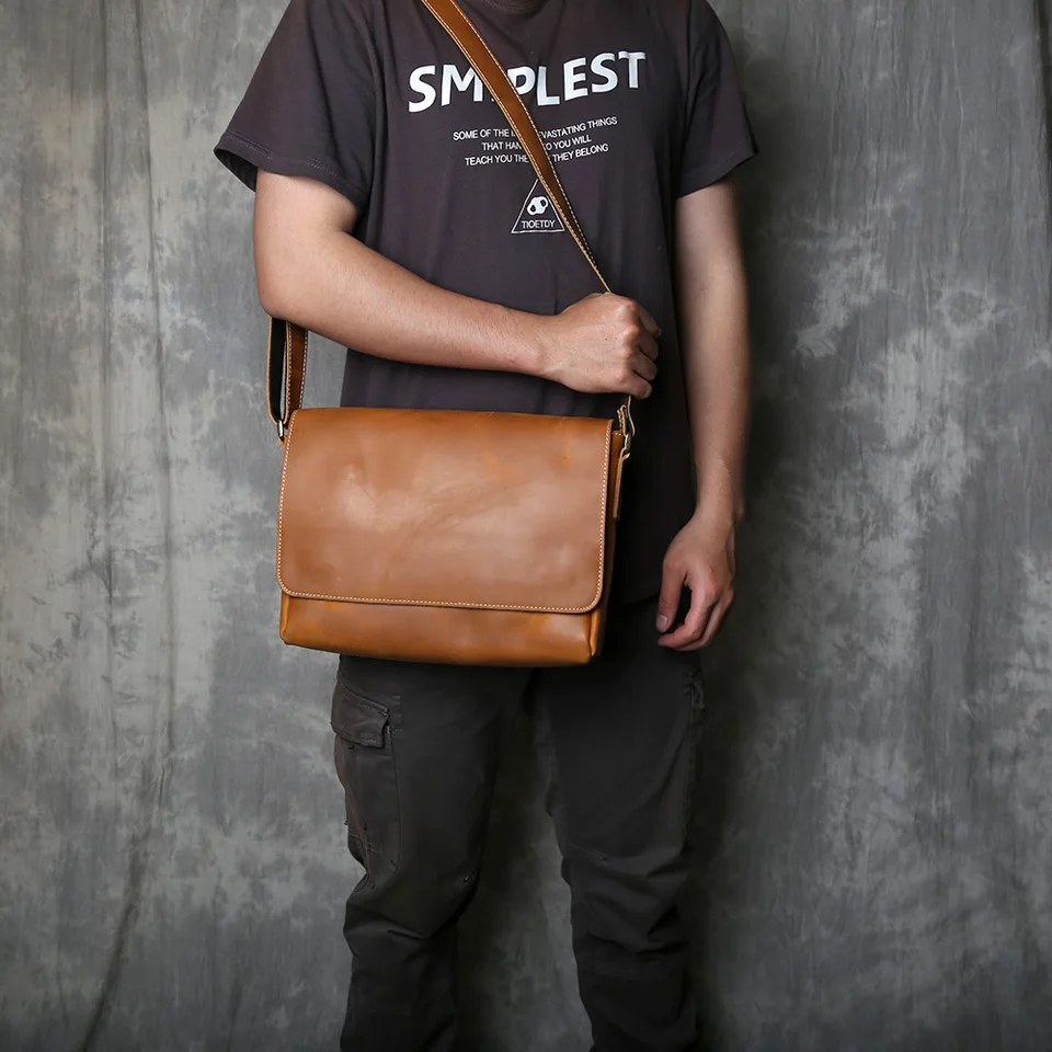 Sac à bandoulière messager en cuir véritable marron pour homme vintage
