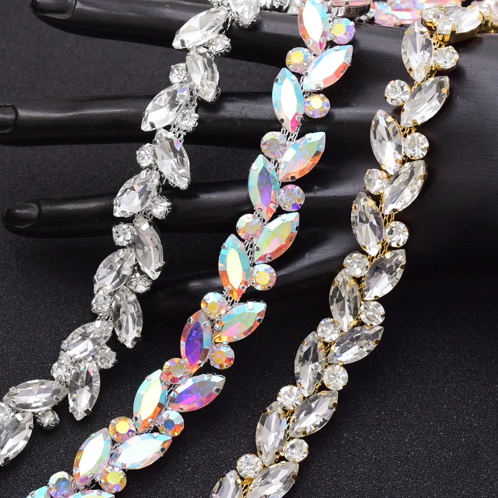 1 yard AB color/White leaf rhinestone Metal chain Shiny crystal chain Silver plated sewing applique decorative wedding accessory