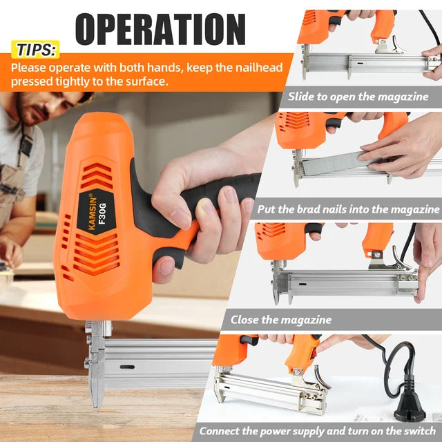 F30A 18 Gauge Pneumatic Brad Nailer – Fits Nails From 3/8" To 1-3/16" (10-30mm) – Air Powered Finish Nail Gun For Woodworking & Upholstery