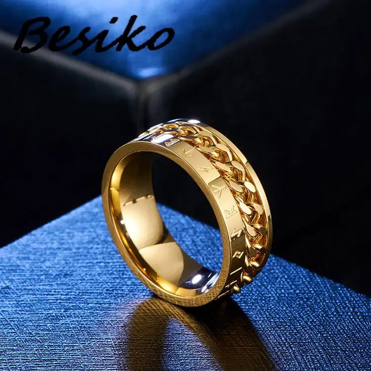 Besiko New Anti Stress Anxiety Ring Figet Spinner Stainless Steel Rings For Men Women Retro Norse Viking Runes Rotatable Ring 4