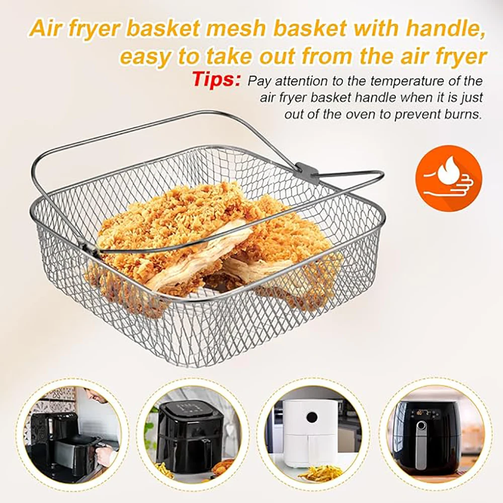 Steamer Rack Air Fryer Rack Steamer Basket 8 Inch Air Fryer Basket Stainless Steel Square Air Fryer Pan Wire Mesh Steamer Rack with Handles