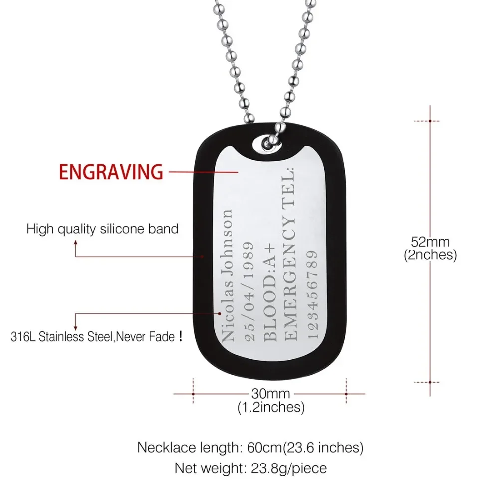 U7 Stainless Steel Custom Military ID Dog Tag Necklace Personalized Photo Printing Laser Engraving Personal Data Necklace