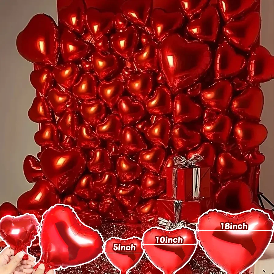 50/100pcs Foil Red Heart Balloons 5/10/18 Inch Valentine's Day Romantic ...