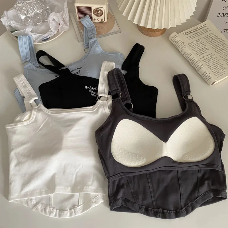 

Female Women Print Sleeveless Crop Top Tank Tops Sexy Vest Letters Solid Short Women's T-shirt Camisole Crop Top with Bra Pad