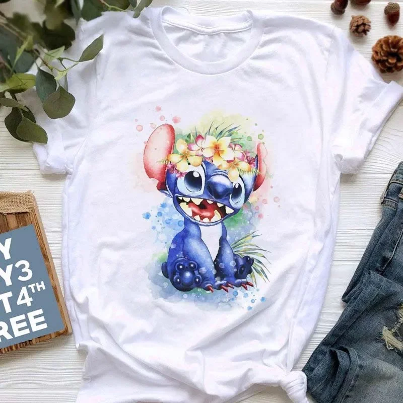 Disney Lilo Stitch Cartoon T-shirts Tops for Women Lady Summer Female T-shirts Black O-neck Ohana Stitch Hot Tees T-shirts 6