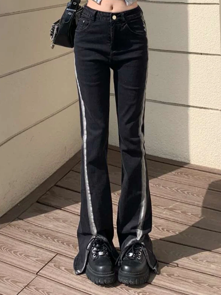 

Woman High Waist American Retro Jeans Lady New Black Cut Out Streetwear Elasticity Slacks Washed Mixed Colors Micro Flared Pants