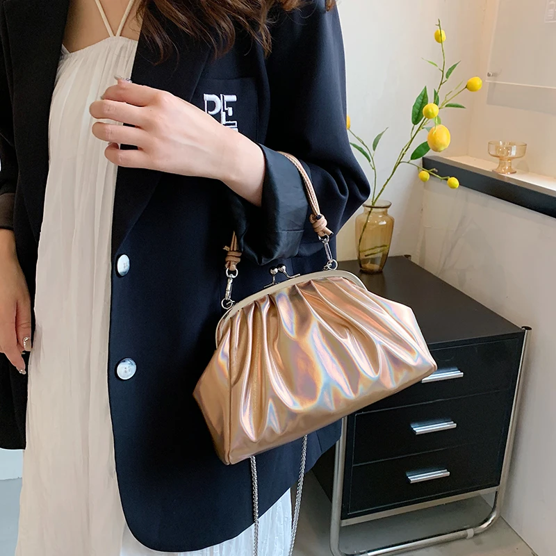 Trend Pleated Top Clutch Bag Clip Chain Women Crossbody Bag Purse Designer Brand Shoulder Lady Luxury Dinner Handbag Satchel