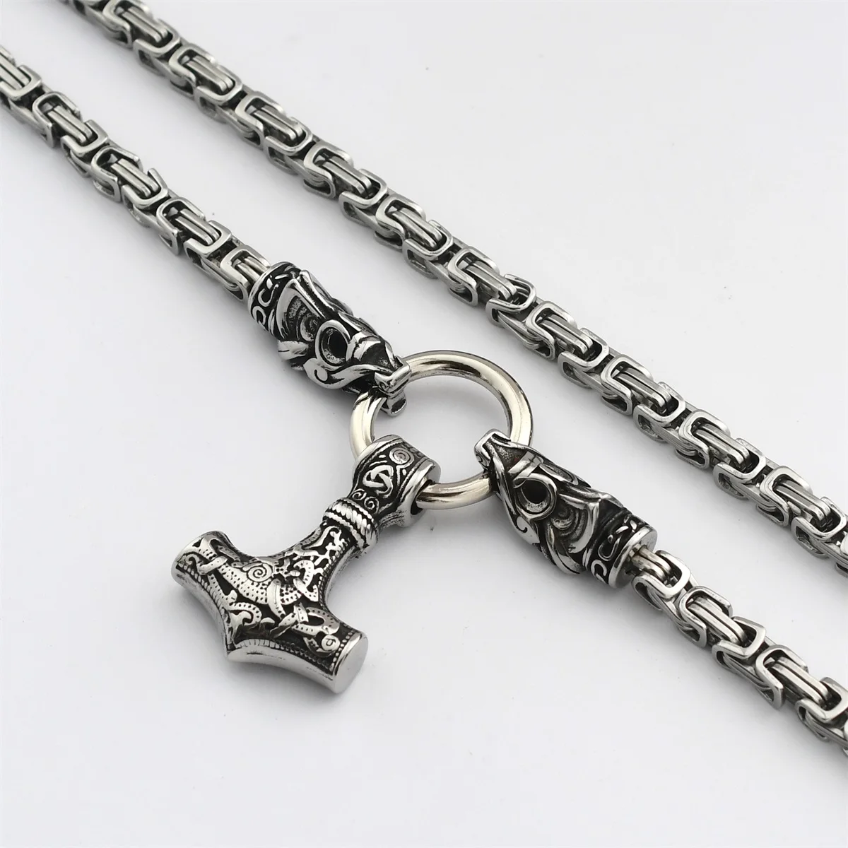 Men's Viking New Wolf Head King Chain Necklace Nordic Stainless Steel Thor's Hammer Pendant Amulet Necklace