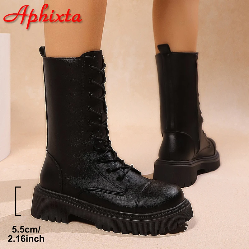 Aphixta Mid-Calf Modern Boots 5.5cm Square Heel Totem Design Back Zip Woman Shoes Lace-up Round Toe Black Boots Big Size 43