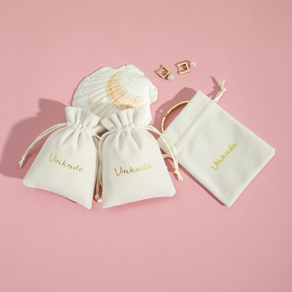 Weiße Samt-Schmuckverpackung mit Kordelzug, individuelles, schickes, kleines Staub-Schmuckpaket für Weihnachten, Hochzeit, Party, Geschenktüten – Detail 14