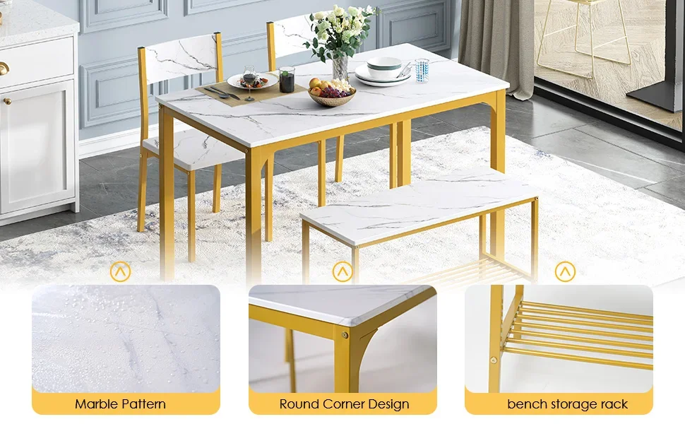 Description Picture 6 of item4-person Dining Table Set, 43.3-inch Kitchen Dining Table Set, 2-person Bench Dining Room Set with Storage Rack