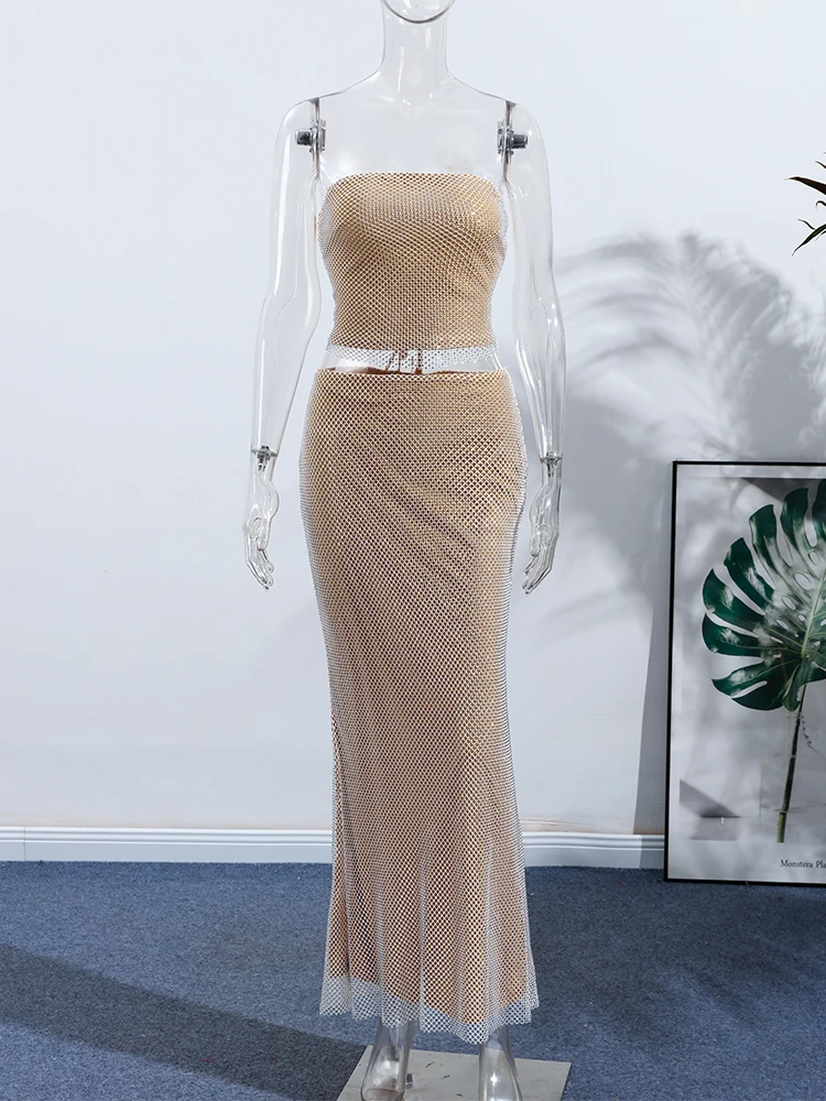 Luxury Women's Sequin Maxi Skirt Set Sparkly Rhinestone Strapless Crop Top  Bodycon Long Skirts Formal Party Club Gown Outfit - AliExpress 200000345