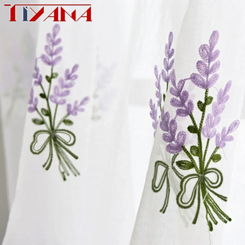 French Pastoral Curtains Purple Lavender Embroidery Tulle For Living Room Bedroom Pink Flower Curtain For Kitchen Home Decor window curtains decor curtains embroidered curtains