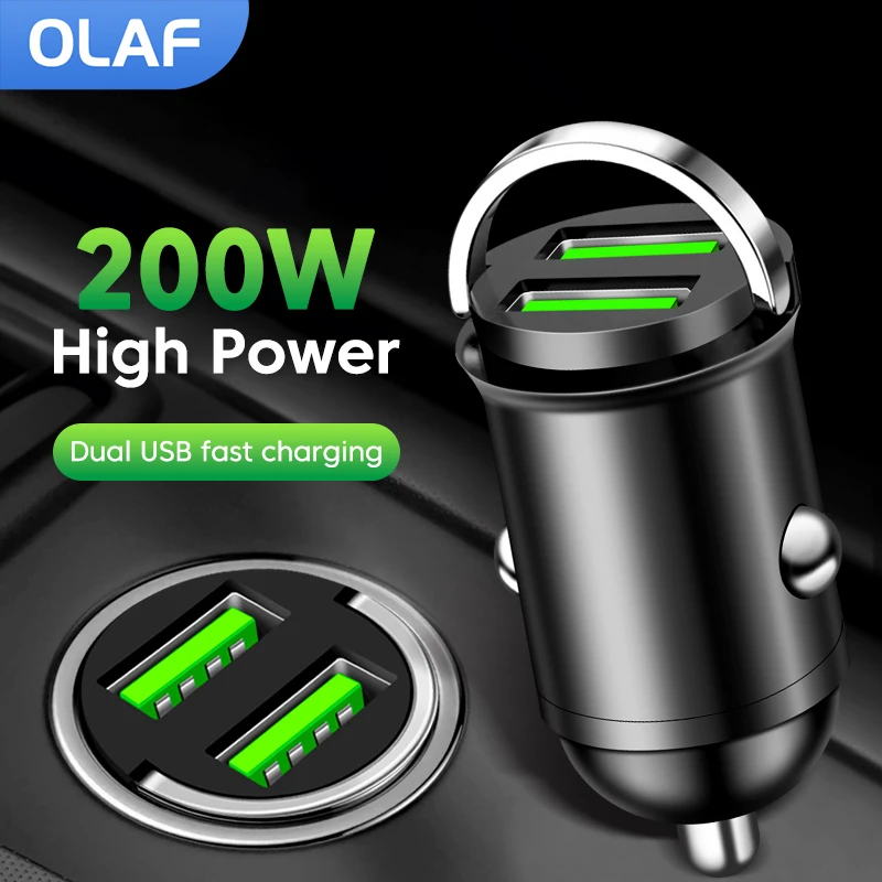 Olaf 200W Mini Car Charger Lighter Fast Charging For iPhone QC3.0 Dual USB Car Phone Charger Adapter For Xiaomi Samsung Huawei