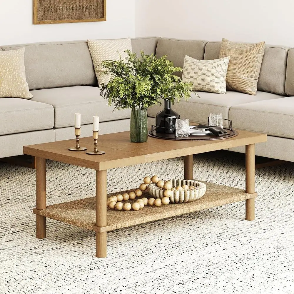 Rectangle Coffee Table with Storage 2-Tier Structure Solid Wood Legs Natural Seagrass Shelf Living Room Organization 2