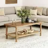Rectangle Coffee Table with Storage 2-Tier Structure Solid Wood Legs Natural Seagrass Shelf Living Room Organization 2