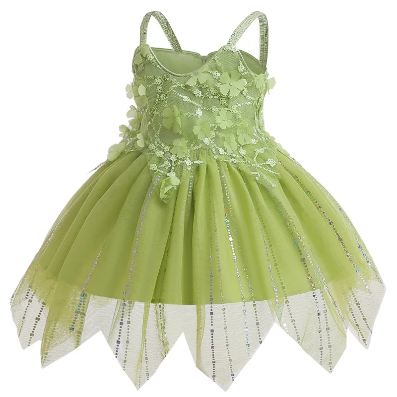 1 to 7Y Tinker Bell Dresses Cosplay Costume Girls Green Gown Elegant Robe with Wing Party Halloween Evenning Princess Clothing