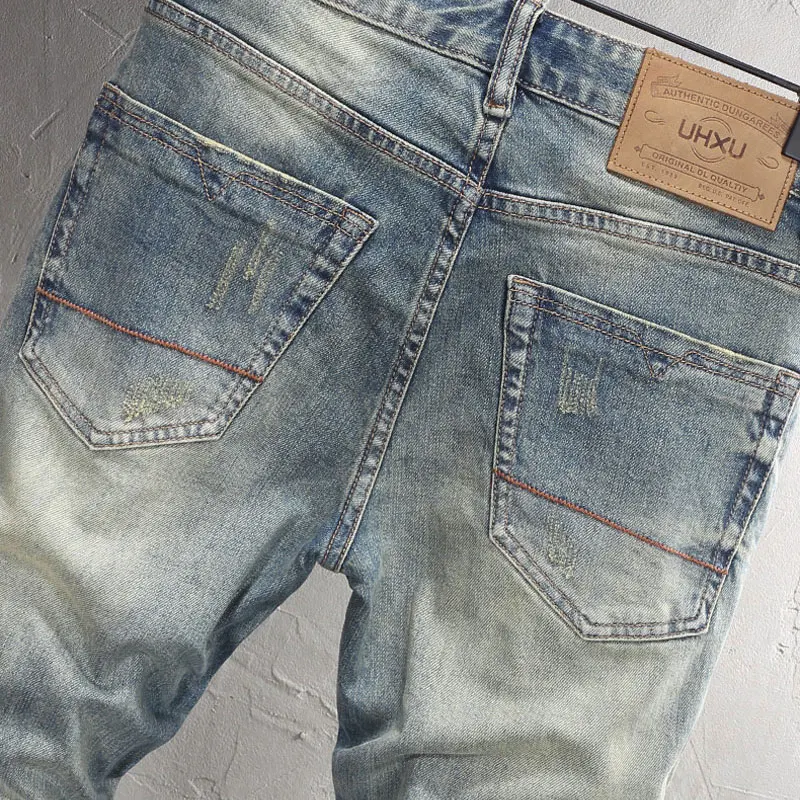 Italian Style Fashion Men Jeans Retro Washed Blue Stretch Slim Fit Ripped Jeans Men High Quality Vintage Designer Denim Pants