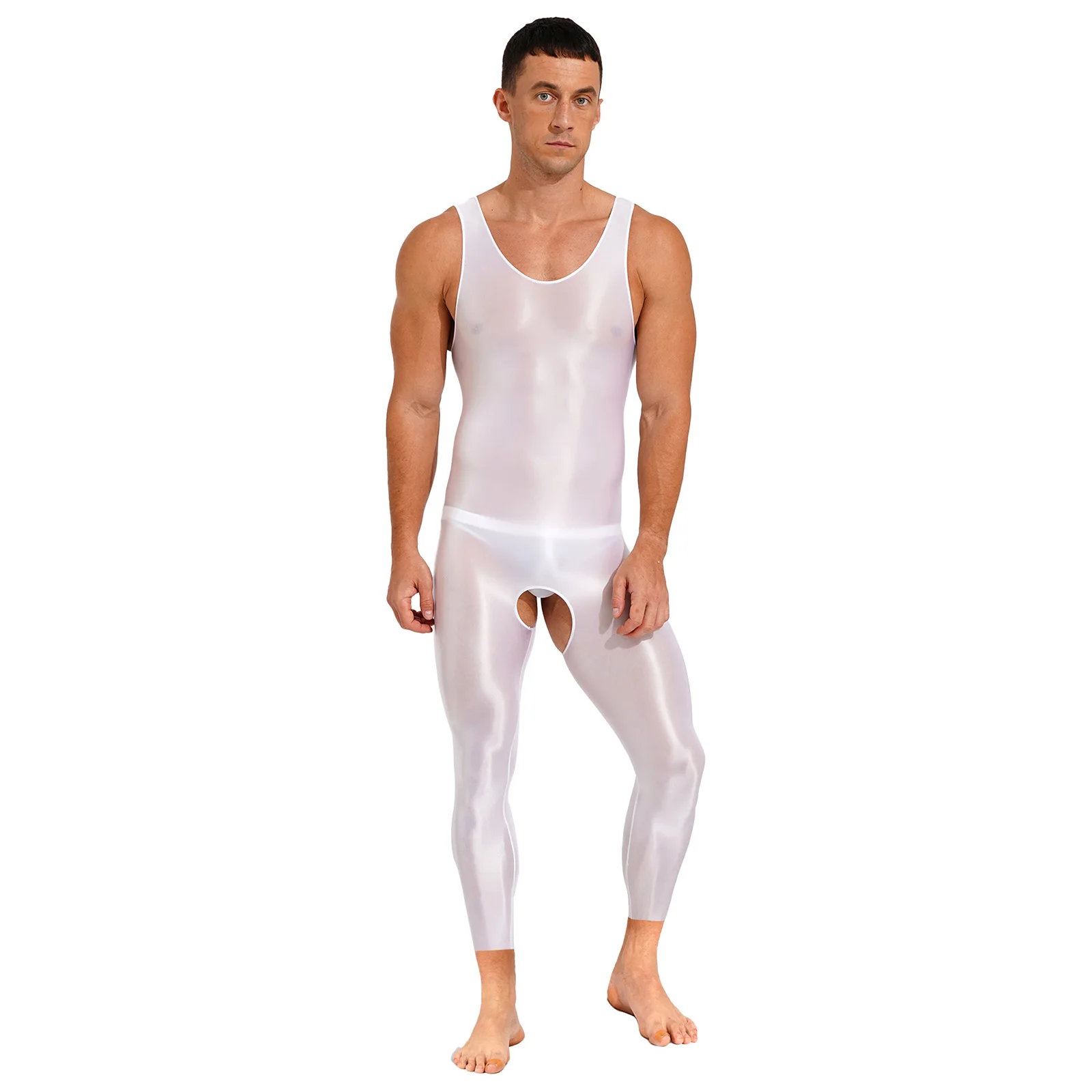 thumbnail image 1 of Lencería sexy para hombre, medias brillantes con entrepierna abierta, monos ajustados, mono de color sólido elástico con cuello en U, sin mangas, ropa de dormir, 1 of 5