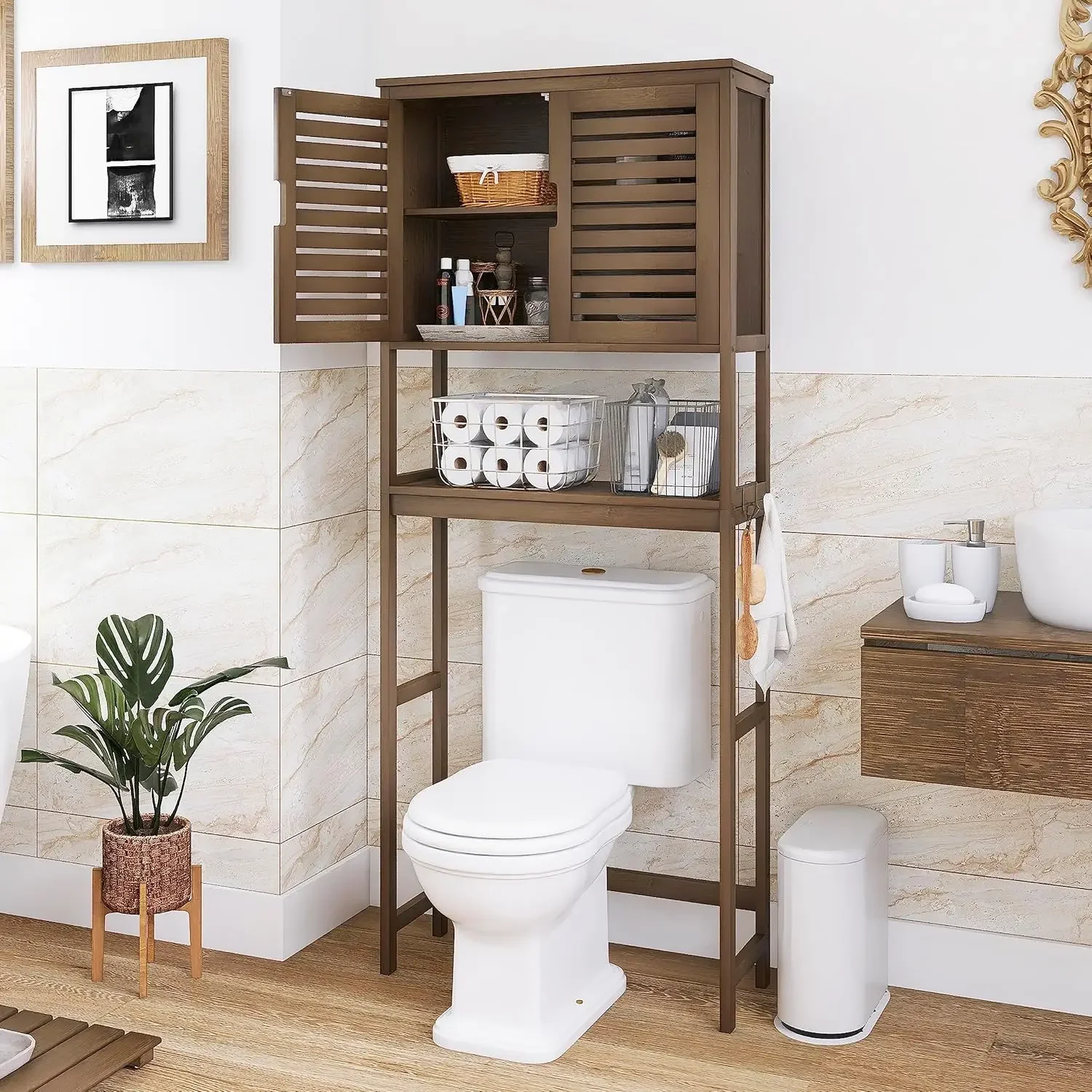 Bamboo Over-The-Toilet Organizer Rack, Freestanding Toilet Space Saver with 3-Tier Adjustable Shelves (Walnut) 2