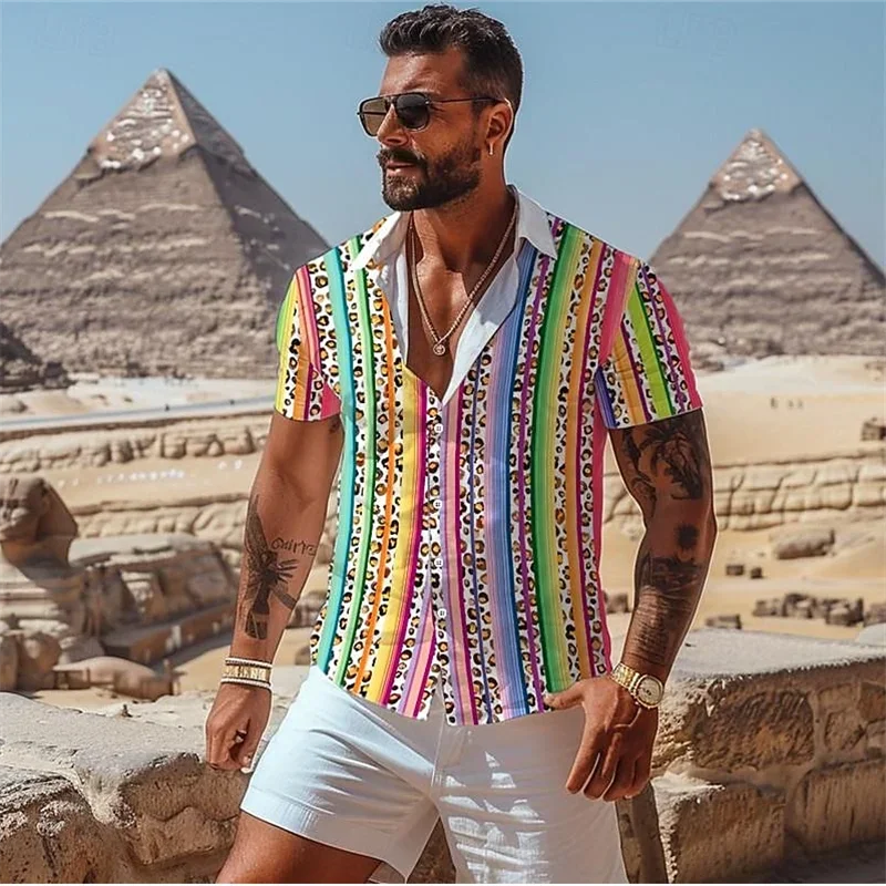 Leopard Print Men's Vacation Hawaii 3D Printed Shirt Outdoor Hawaii Vacation Summer Lapel Short Sleeve Oversized 5XL Shirt 2024 jungle animal series summer 3d print t shirt men vacation travel beach party clothes fashion short sleeve oversized tees 6xl