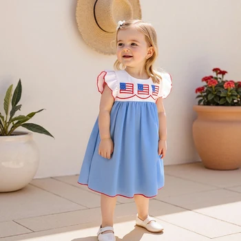 Girls Patriotic Dress American Flag Embroidered Round Neck Flutter Sleeve Casual Dress Children s Summer Outfit for 4