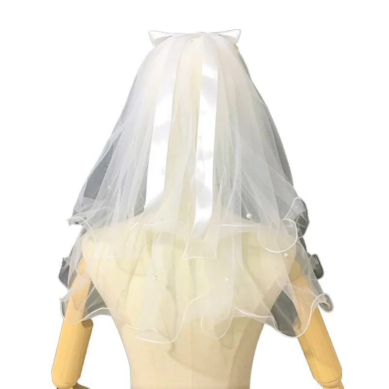 Short Wedding Veil Bridal Veil With Comb Bow Pearls 2 Layers Simple Bridal Mariage Accessories