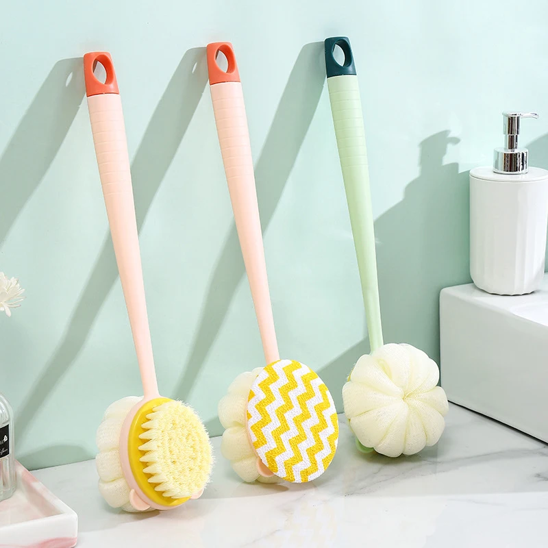 Double-Sided Soft Hair Massage Bath Brush Long Handle Back Rub Brush 2 In 1 Bath Brush With Bath Ball Double Side Scrub Brush 4