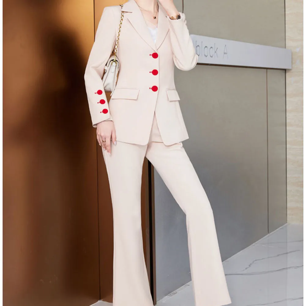 Tesco Solid Fashion Women's Suit Blazer Jacket And Flare Pants Red Button Design Formal Pant Sets For Office Lady Female 2 Piece