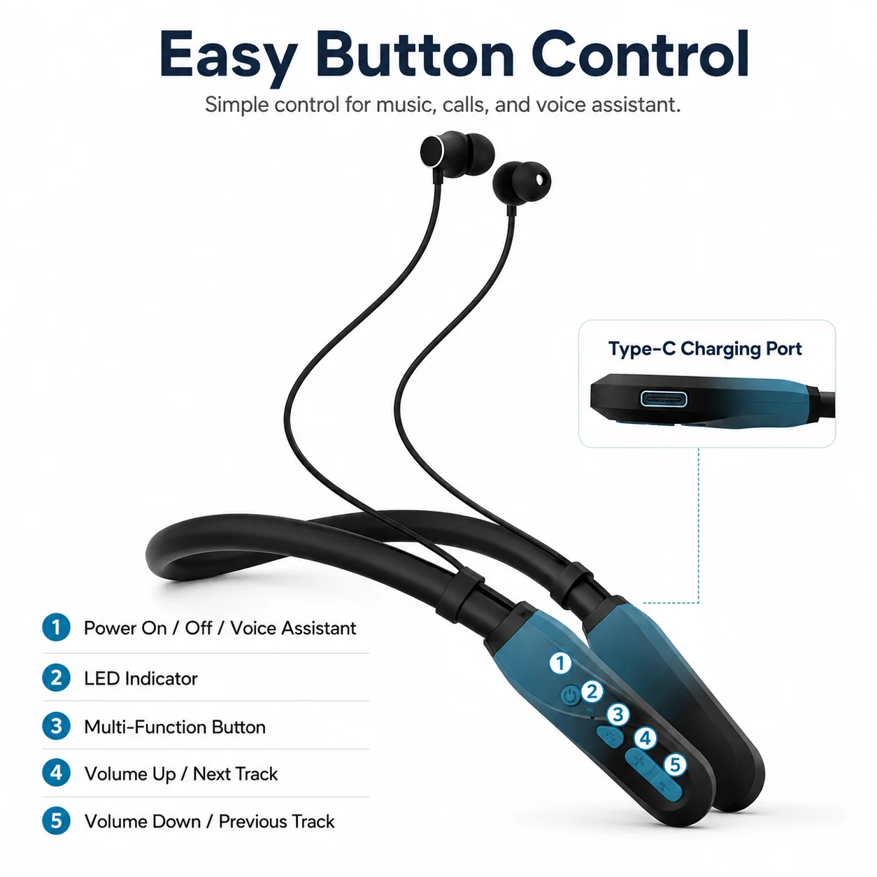 Wireless Bluetooth In-Ear Sport Headphones with 100-Hour Playtime, Long-Lasting Battery, Built-in Microphone, Fast Type-C Charging, Neckband Design