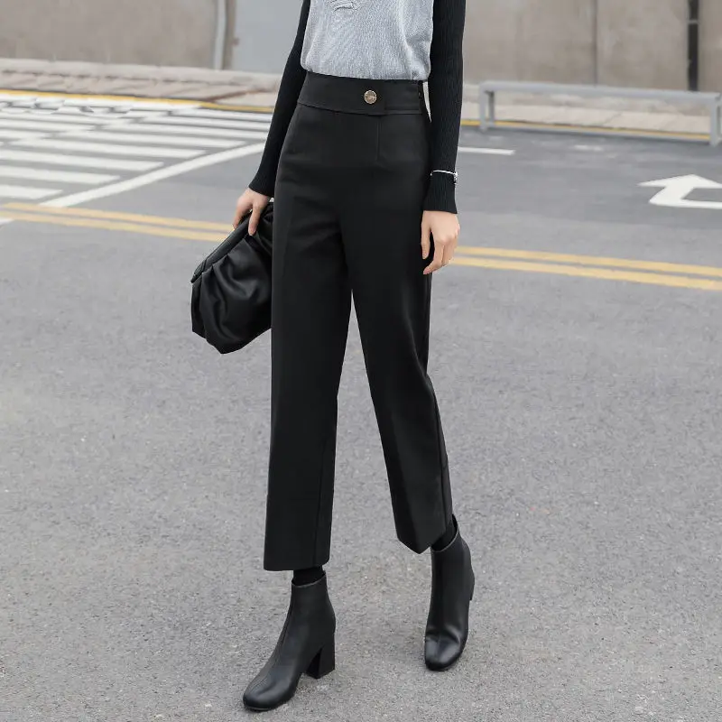 Women Woolen Suit Pants 2024 Korean Style High Waist Ankle-Length Pants Autumn Winter Elastic Loose Straight Pantalones Solid