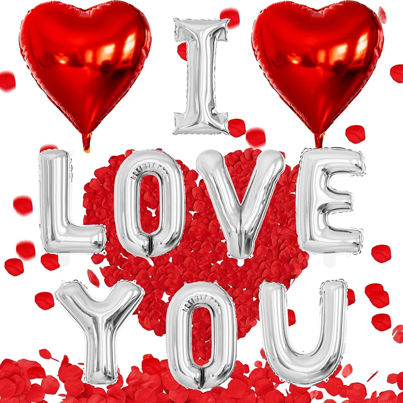 Valentines Balloon Decor Kit With I Love You Balloons & Rose Petals - Heart Balloons For Proposals & Parties