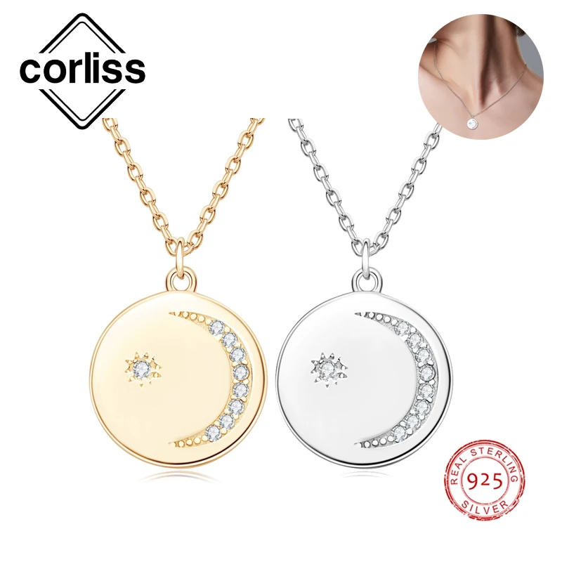 

Corliss 925 Sterling Silver Fashion Circle Vintage Starburst Moon Pendant Moissanite Round Yellow&White Gold Plated Necklace