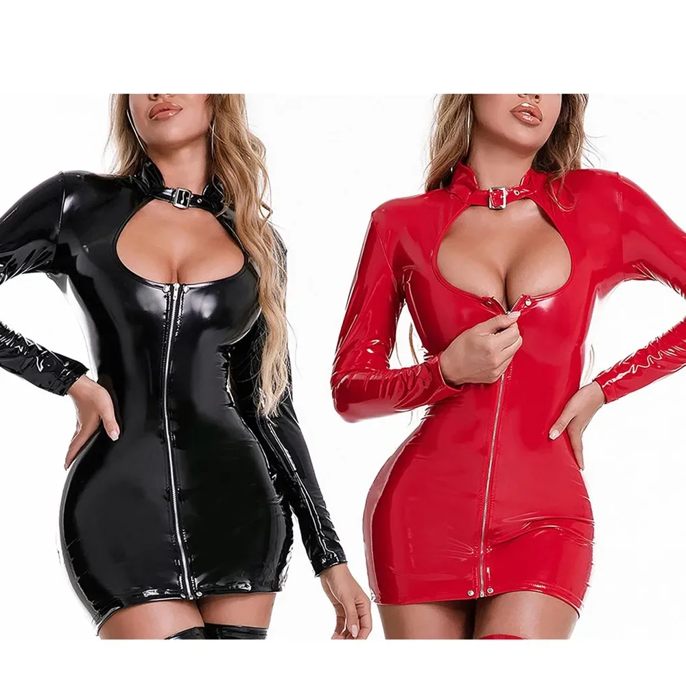 

Plus Size XXXL Sexy PVC Wet Look Faux Leather Bodycon Clubwear Erotic Catsuit Mini High Collar Dress