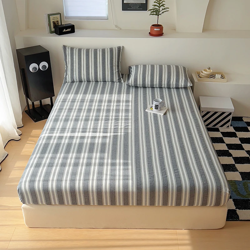 Bonenjoy 100% Cotton Fitted Sheet Yarn Dyed Bed Cover Stripe Style Bed Linen sabanas Elastic Bedsheet (Pillowcase Need Order) 2